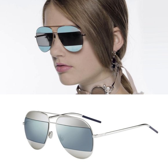 Christian Dior Spilt 1 Sunglasses Silver and Blue Lenses CD Logo Aviator Sunnies - Picture 1 of 15